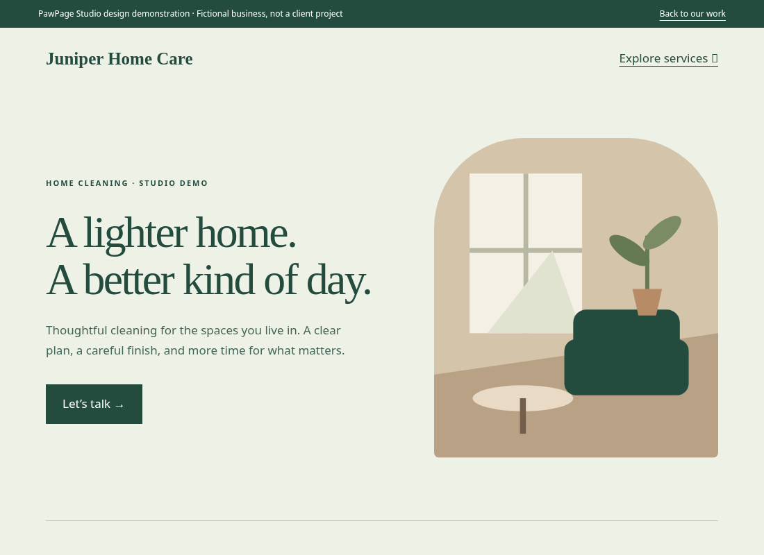 Juniper Home Care example: a warm, green website for a cleaning service